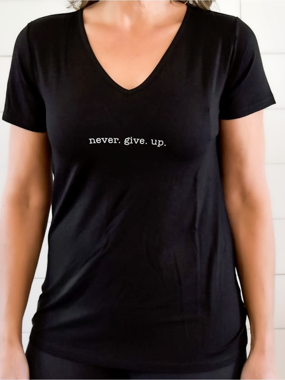Never. Give. Up. Black V-Neck Tee